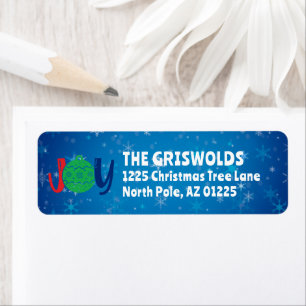 JOY Christmas Card Deep Blue Return Address Label