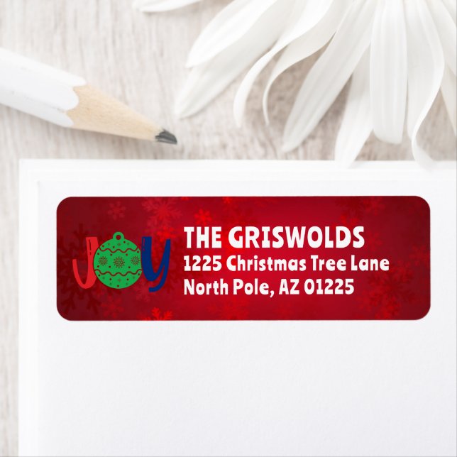 JOY Christmas Card Red Return Address Label (Insitu)