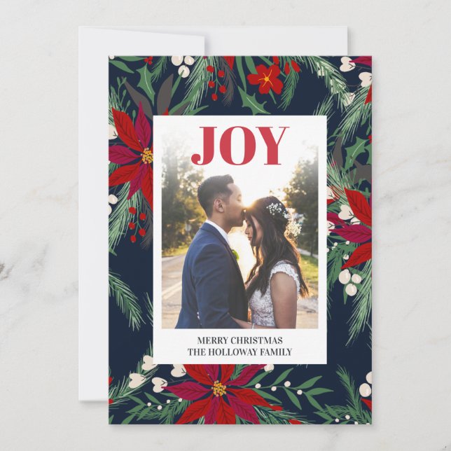 Joy Christmas chic floral poinsettia pattern photo Holiday Card (Front)