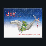 Joy Christmas Dolphin Porpoise of Life Stars Holiday Postcard<br><div class="desc">This cartoon dolphin has a holiday wreath on for Christmas in an ocean of stars. Card reads "Joy" on front And below "... it's the porpoise of life" On the back is another cute dolphin and the text "Wishing you an ocean of deep delights " "Happy Holidays!". Edit all the...</div>