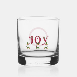 JOY Christmas Elves holding Letters Whiskey Glass