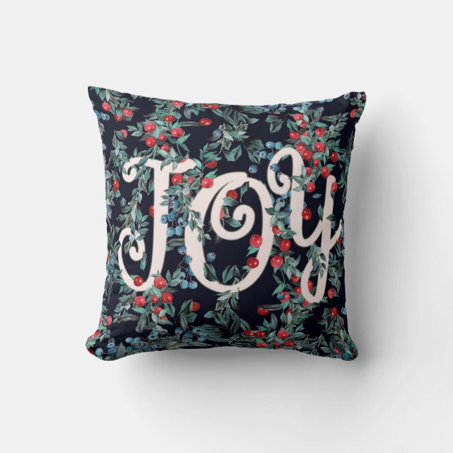 Joy! Christmas festive red berries pattern Cushion (Front)