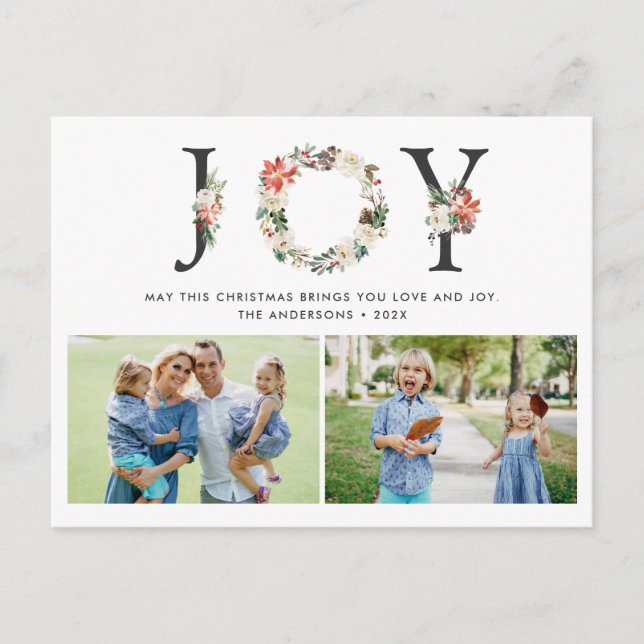 JOY Christmas Floral Wreath Two Photos Collage Postcard (Front)