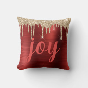 Joy Christmas Glitter Drip Red Metallic Typography Cushion