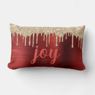 Joy Christmas Glitter Drips Red Metallic  Lumbar Cushion