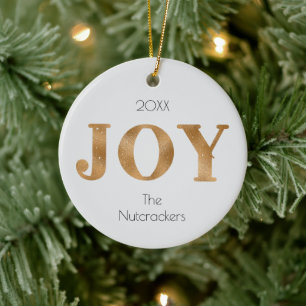 Joy Christmas Gold Typography Photo Ceramic Ornament