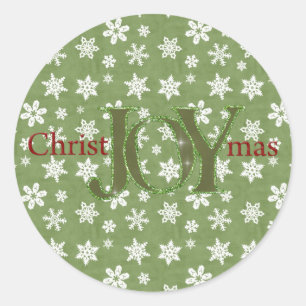Joy Christmas Green and White Snowflakes Classic Round Sticker