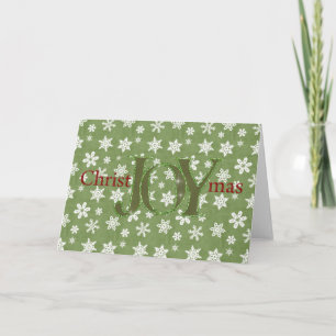 Joy Christmas Green and White Snowflakes Holiday Card