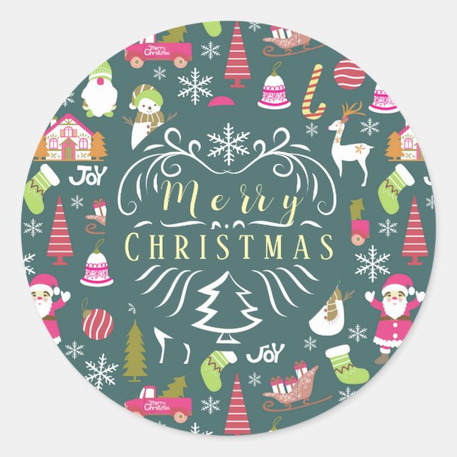 Joy Christmas Green Classic Round Sticker (Front)