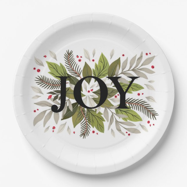 JOY, Christmas Greenery Holiday  Paper Plate (Front)