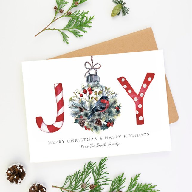 Joy Christmas Greeting Card, Red Robin Bauble Holiday Card (Creator Uploaded)