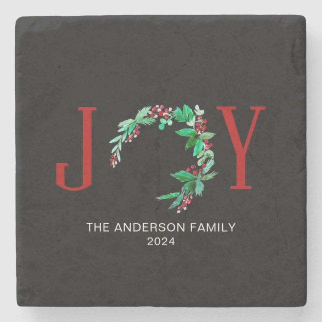 Joy Christmas Half Wreath Holiday Watercolor Stone Coaster (Front)