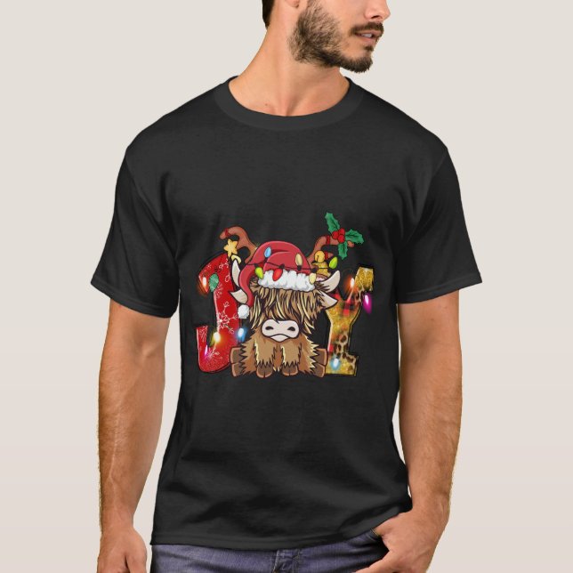 Joy Christmas Highland Cow Farming Farmer Santa Ha T-Shirt (Front)