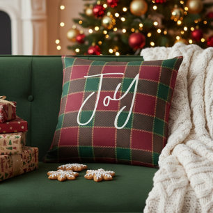 Joy Christmas Holiday Red & Green Tartan Pattern Cushion