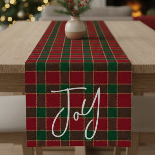 Joy Christmas Holiday Red & Green Tartan Pattern Short Table Runner