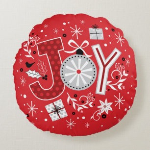 Joy Christmas Holidays Red Festive Winter Round Cushion