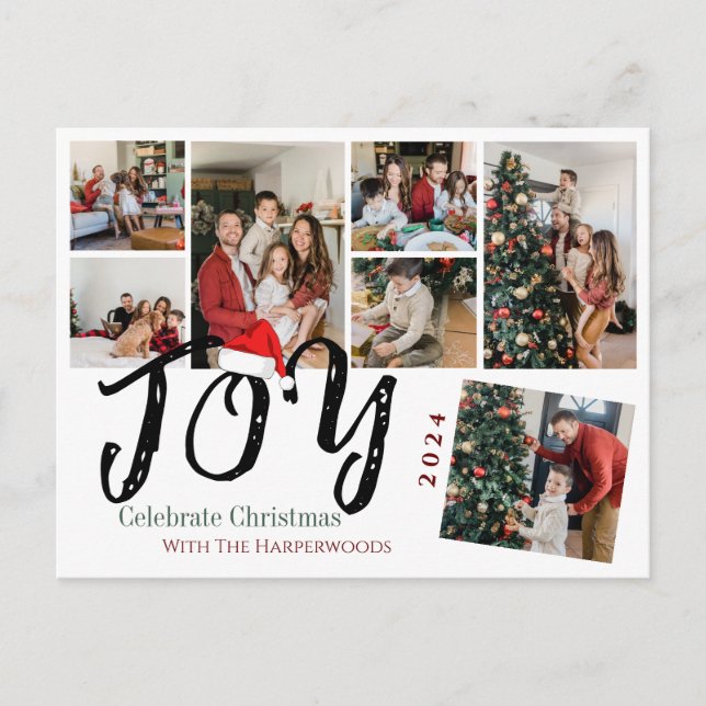 Joy Christmas holidays Script Family Photo Collage Holiday Postcard (Front)