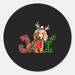 Joy Christmas Lights Long Haired Dachshund Dog San Classic Round Sticker