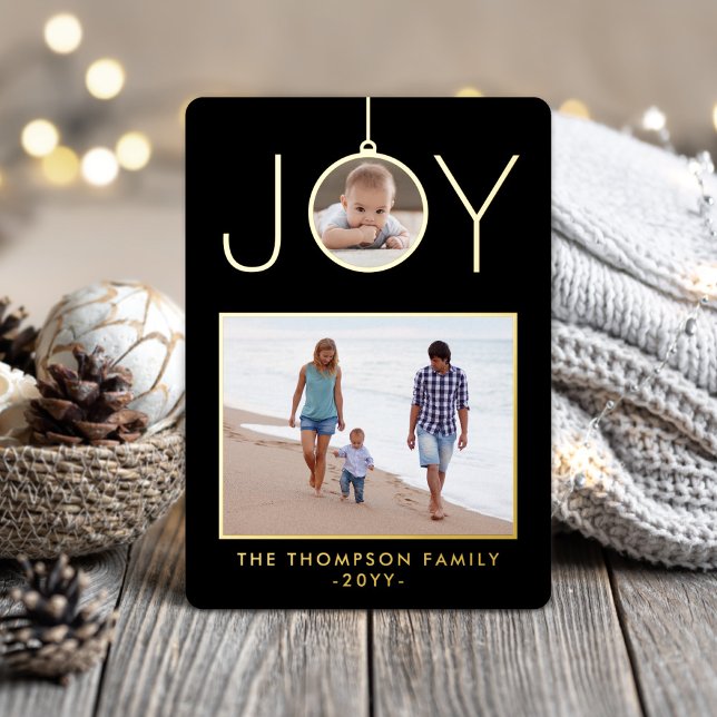 Joy Christmas Ornament 2 Photo Chic Black Modern Foil Holiday Card (Creator Uploaded)