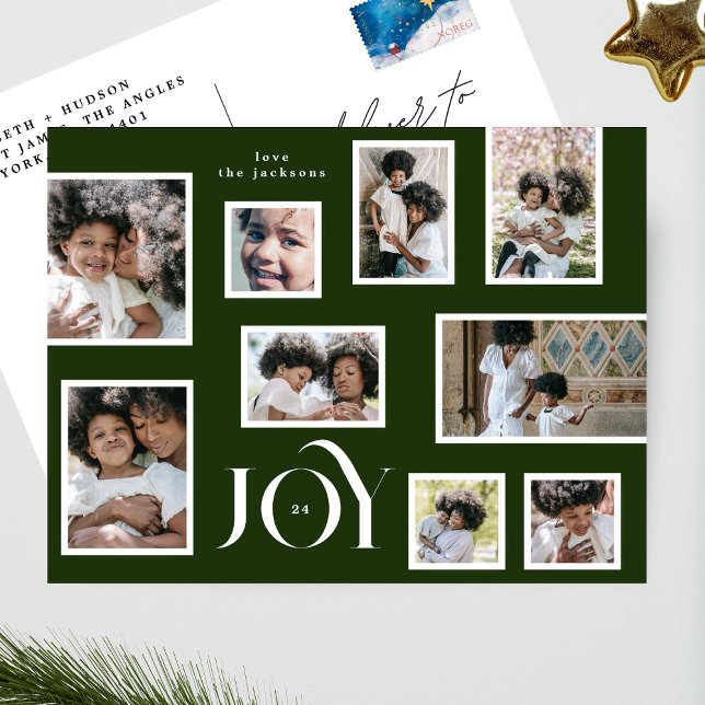 JOY | Christmas | Photo Collage | Classic Green Holiday Postcard (Creator Uploaded)