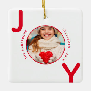 Joy Christmas photo white red modern monogram Ceramic Ornament