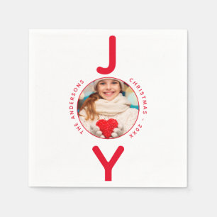 Joy Christmas photo white red simple modern Napkin