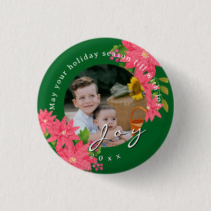 Joy Christmas Poinsettia Photo Green 3 Cm Round Badge