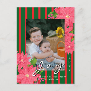 Joy Christmas Poinsettia Photo Red Green Holiday Postcard