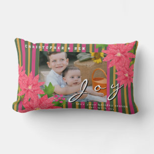 Joy Christmas Poinsettia Photo Red Green Yellow Lumbar Cushion