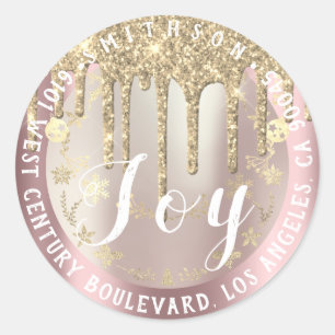 Joy  Christmas Return RSVP Rose Gold Snow Spark Classic Round Sticker