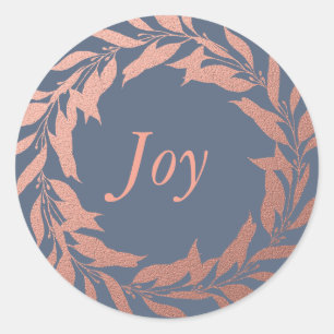 Joy Christmas Rose Gold Wreath Dark Blue Classic Round Sticker