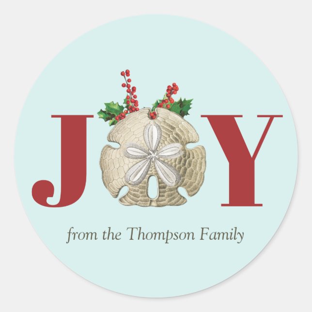 Joy Christmas Sand Dollar Holly Berries Coastal   Classic Round Sticker (Front)