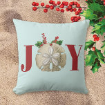 Joy Christmas Sand Dollar Holly Berries Coastal Cushion<br><div class="desc">A coastal themed Joy Christmas design featuring a sand dollar framed with the Christmas holly and berries on a light turquoise background. Perfect festive design for the holiday Xmas season.</div>