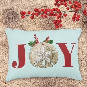 Joy Christmas Sand Dollar Holly Berries Coastal  Decorative Cushion