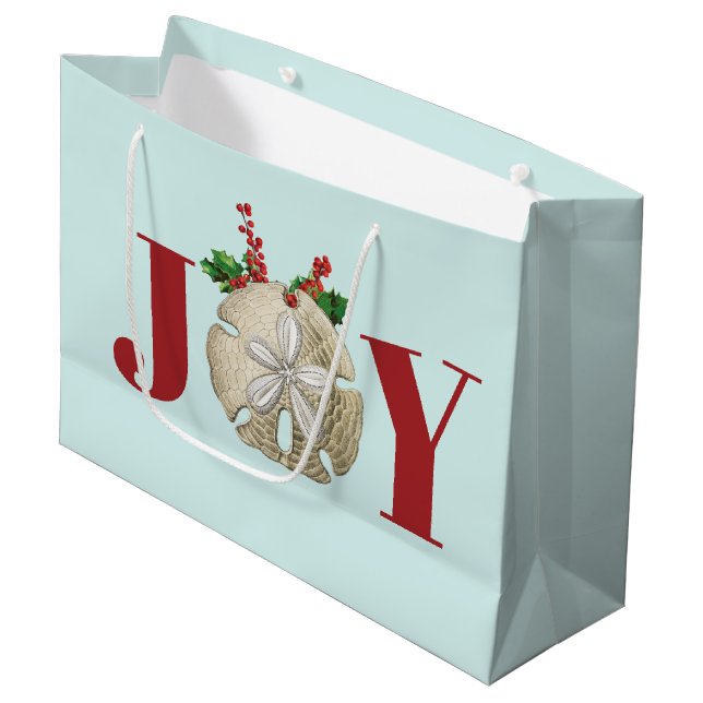 Joy Christmas Sand Dollar Holly Berries Coastal  Large Gift Bag (Front Angled)