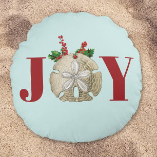 Joy Christmas Sand Dollar Holly Berries Coastal Round Cushion