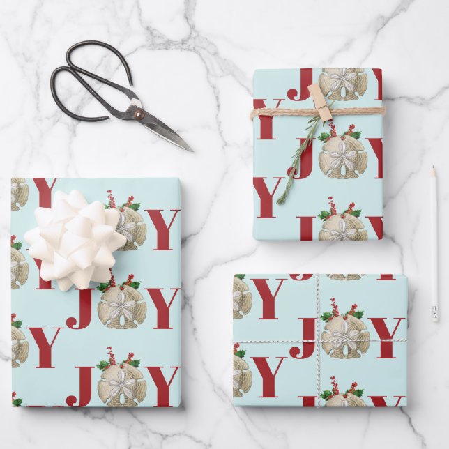 Joy Christmas Sand Dollar Holly Berries Coastal  Wrapping Paper Sheet (Front)