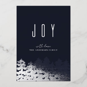 Joy. Christmas silver tree. Navy modern pines Foil Holiday Card