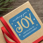 Joy Christmas Star Personalised Family Name Blue Square Sticker<br><div class="desc">Spread some festive joy and create your own unique Christmas stickers! The text can be personalised with a family name, recipient's name or holiday year. This stylish template features decorative type in a palette of blue, white and gold colour. You can also customise the 'background' colour by using the 'Edit...</div>