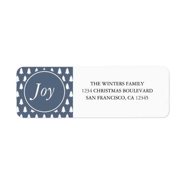 Joy Christmas Tree Pattern Blue Return Address Label (Front)