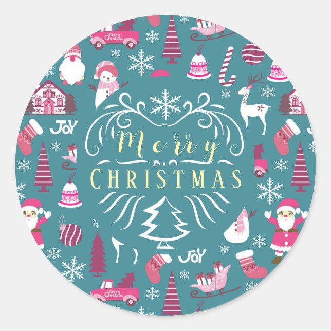 Joy Christmas Turquoise Classic Round Sticker (Front)