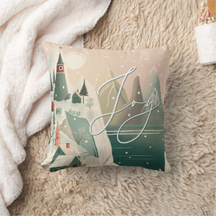 Joy. Christmas winter mountain village landscape Cushion