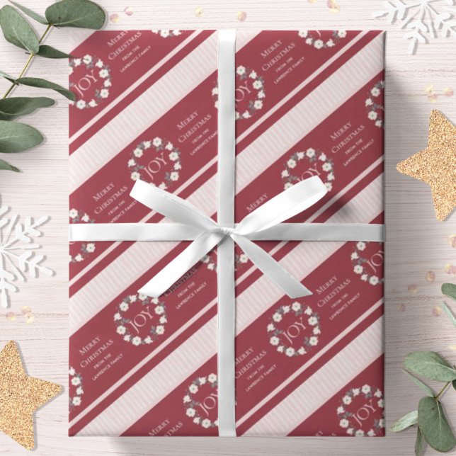 Joy Christmas Wreath Burgundy Personalised Wrapping Paper (Creator Uploaded)