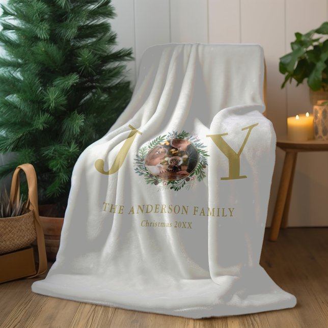"Joy" Christmas Wreath Custom Photo Fleece Blanket (Creator Uploaded)