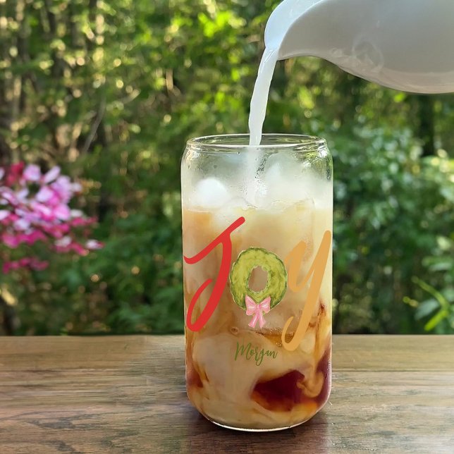 Joy Christmas Wreath Cute Fun Name Typography Can Glass (Creator Uploaded)