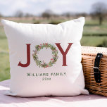 Joy Christmas Wreath Family Name  Cushion<br><div class="desc">Beautiful greenery wreath "Joy" personalised throw pillow.</div>