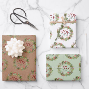 Joy - Christmas Wreath Family Name Wrapping Paper Sheet