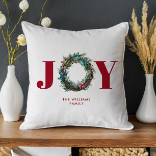 Joy Christmas Wreath Floral  Cushion