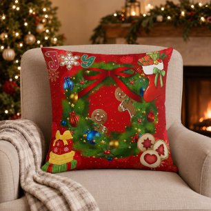 Joy Christmas Wreath Gingerbread Decorative Throw Cushion