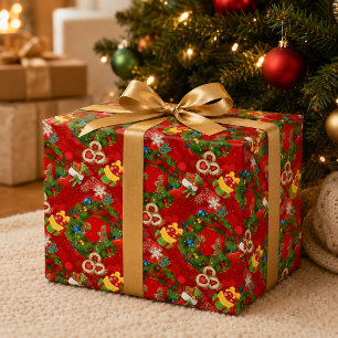 Joy Christmas Wreath Gingerbread Holiday Wrapping  Paper